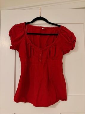 Simons Red Scoop-Neck Puff Sleeve Blouse